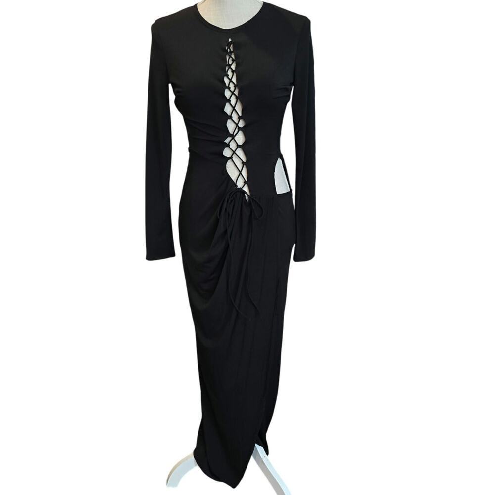 First Distraction Sext Black Maxi Slit Strap For Days Dress Sz. US 6